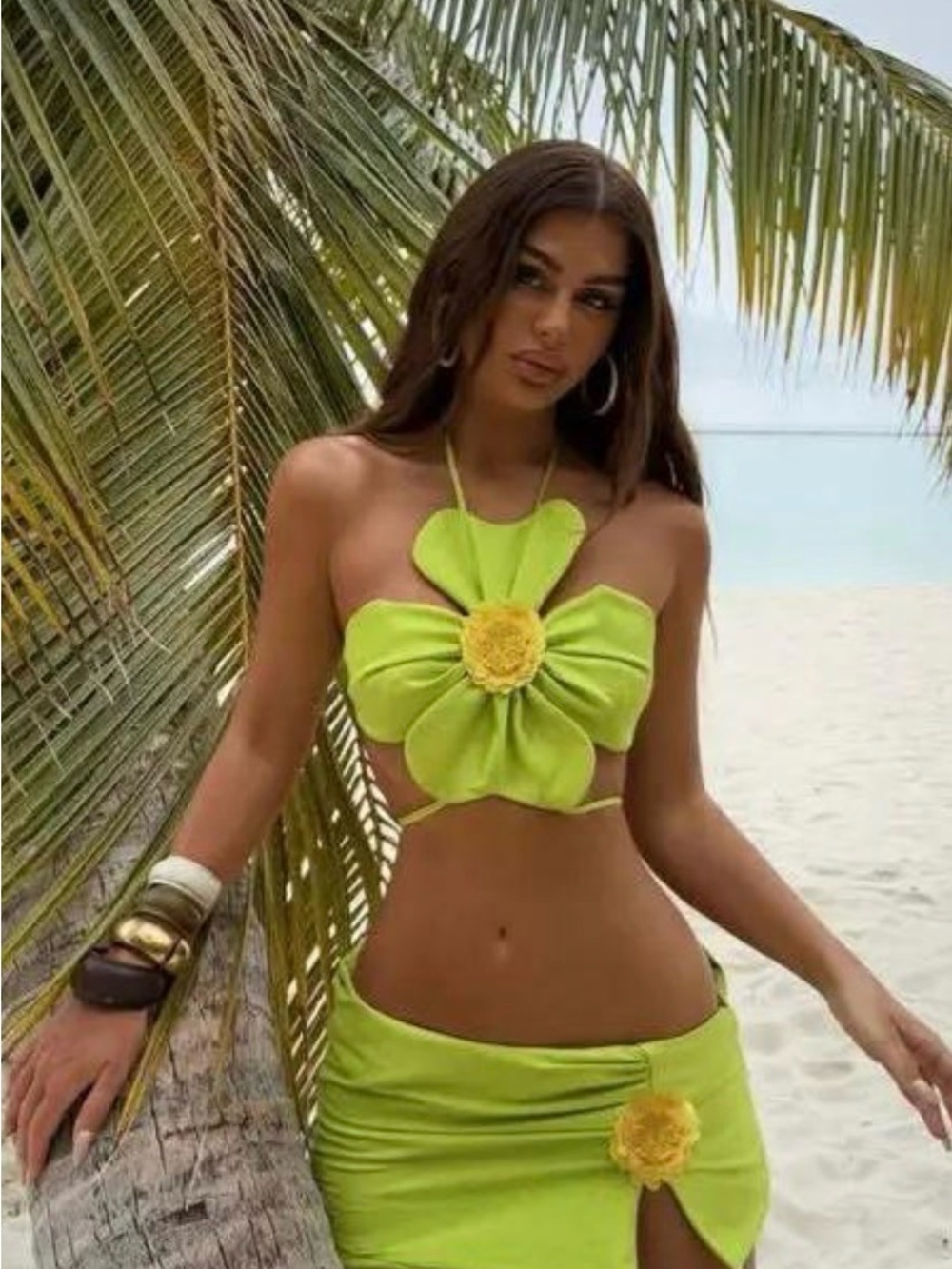 Three-Piece Lime Green Floral Halter Bikini Set by Ami Clubwear